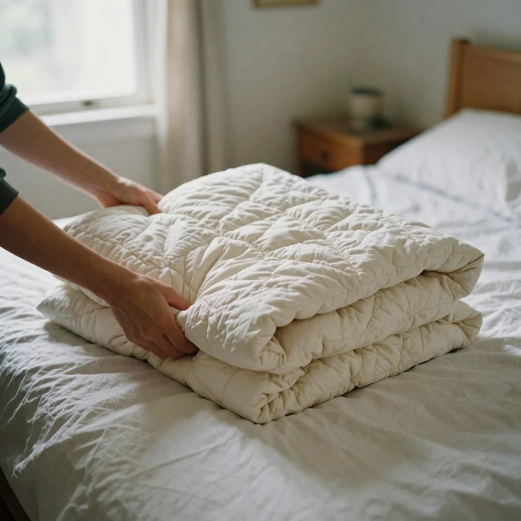 A person's hands folding a large bulky quilt into a small tight square on a bed, soft bedroom daylight, illustrating dra