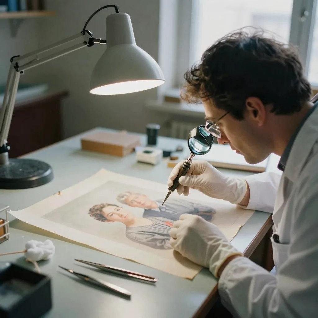 A photo restorer under a bright desk lamp examining a faded creased family portrait with a magnifying loupe, tweezers and cotton gloves on t