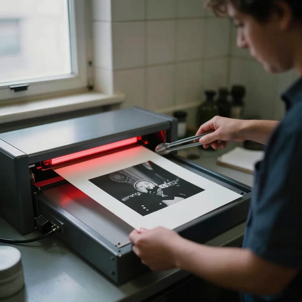 A darkroom technician lifting a sharp enlarged black-and-white print from a developer tray with tongs, red safelight glowing on tiled walls