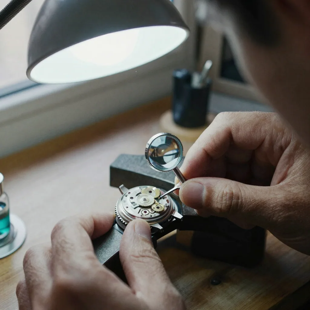 Close-up of a jeweler's loupe held over a tiny watch mechanism revealing crisp gear teeth, steady hands under a bright bench lamp
