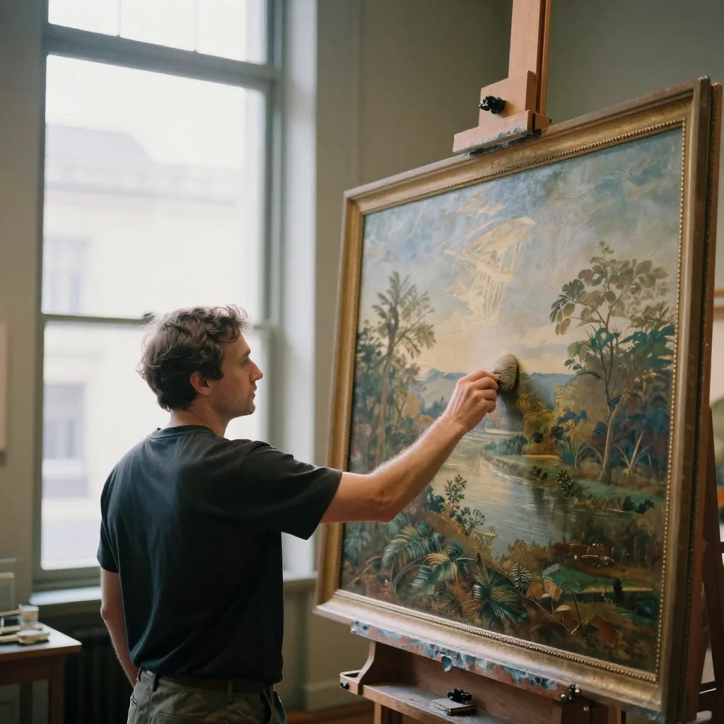 A museum conservator gently brushing dust from a large old landscape painting on an easel, natural light from a tall studio window revealing