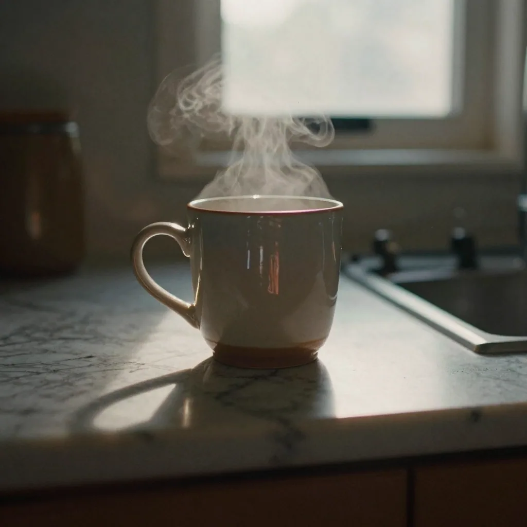 A ceramic coffee mug on a marble kitchen counter lit by dramatic amber side light with soft steam rising, glossy reflect
