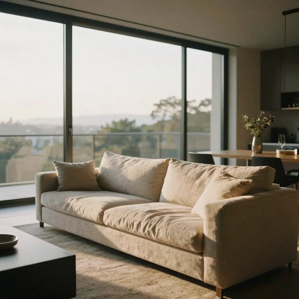 A sleek modern living room bathed in warm golden-hour light streaming through floor-to-ceiling windows, long shadows acr