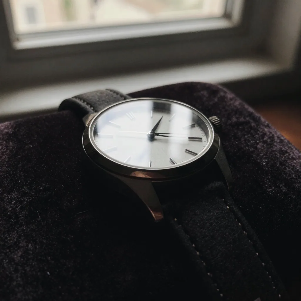 A macro hero shot of a wristwatch on dark velvet with a single crisp specular highlight sweeping across the glass, moody