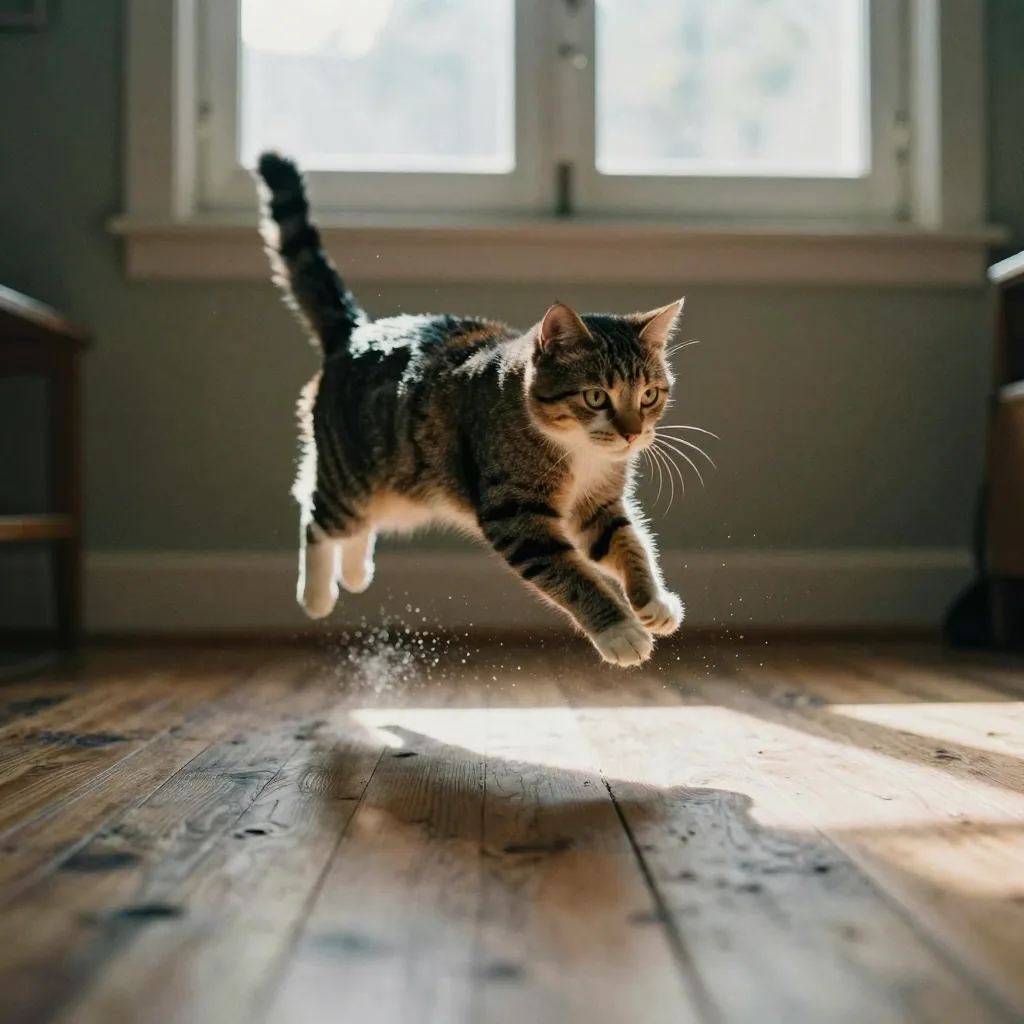 A cat mid-leap across a sunlit wooden floor caught in motion, dust motes glowing in a warm sunbeam, dynamic low-angle ci