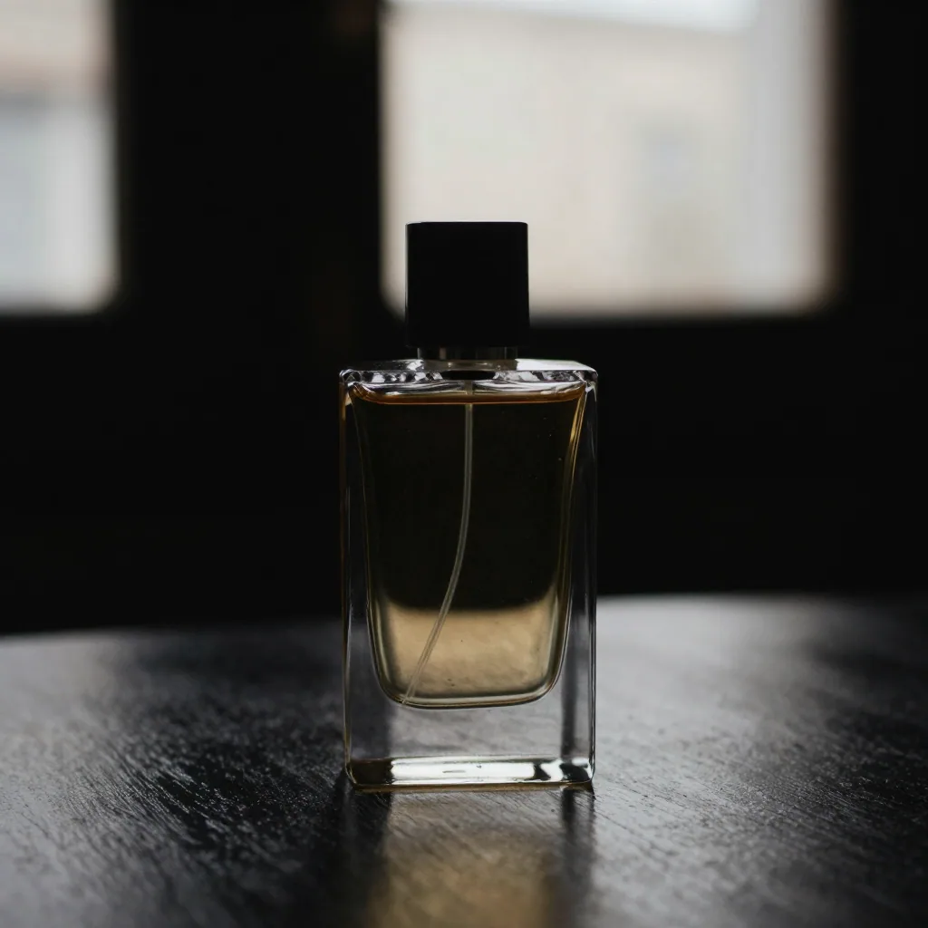 A dramatic side-lit product angle of a perfume-shaped glass bottle on a dark reflective surface, warm accent lighting an