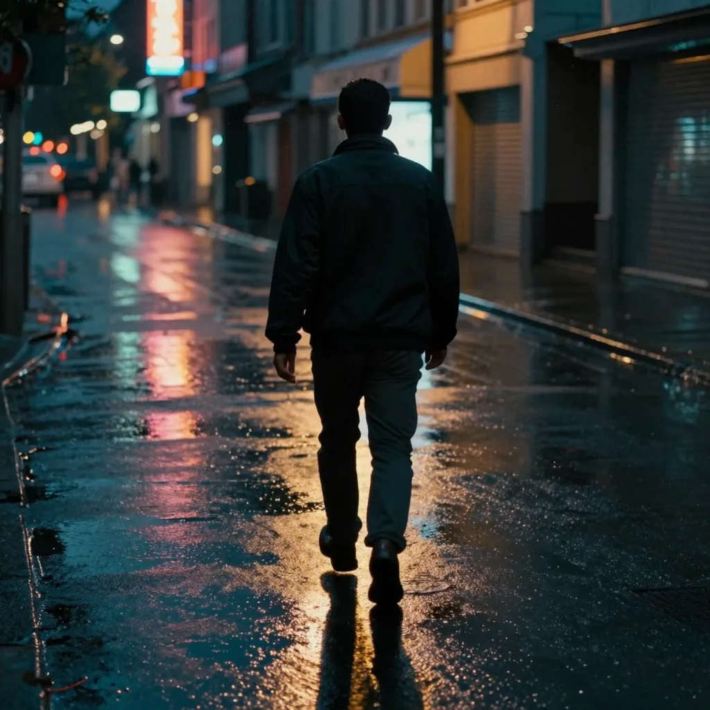 A person walking through a neon-lit rainy street at night, colorful reflections shimmering on wet asphalt, cinematic bac