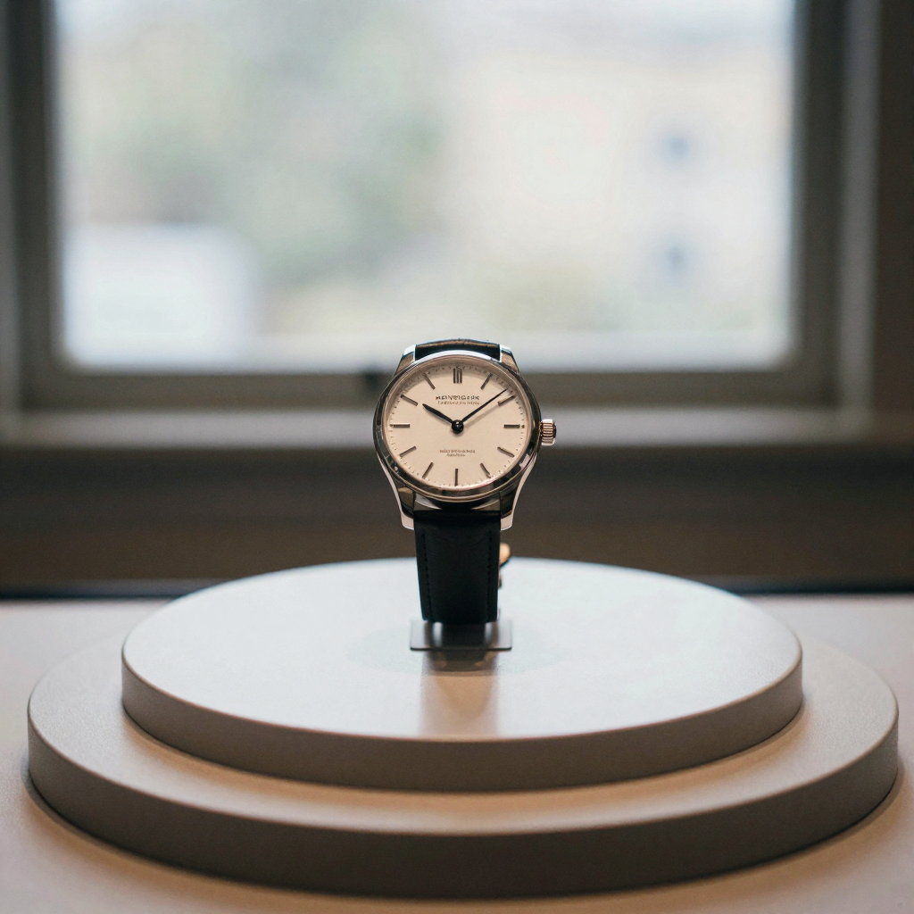 a premium wristwatch on a rotating display pedestal under crisp studio lighting, reflective surface, no text