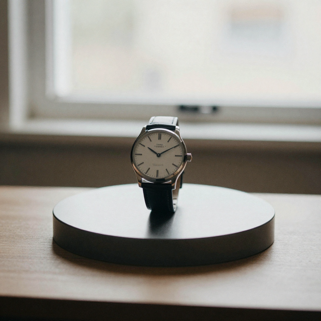 a sleek wristwatch displayed on a rotating pedestal under crisp studio lighting, reflective surface