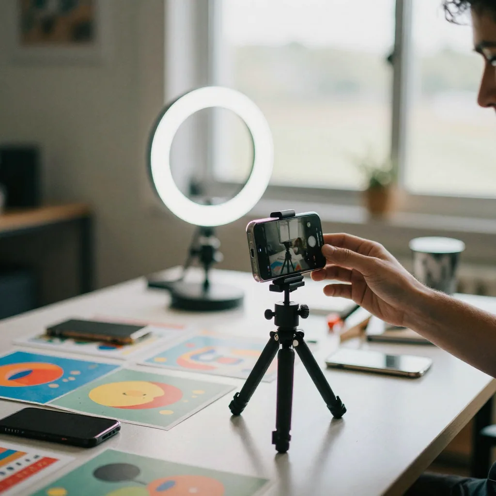 A creator setting up a smartphone on a small tripod in front of a colorful product flat-lay, ring light glowing, hand ad