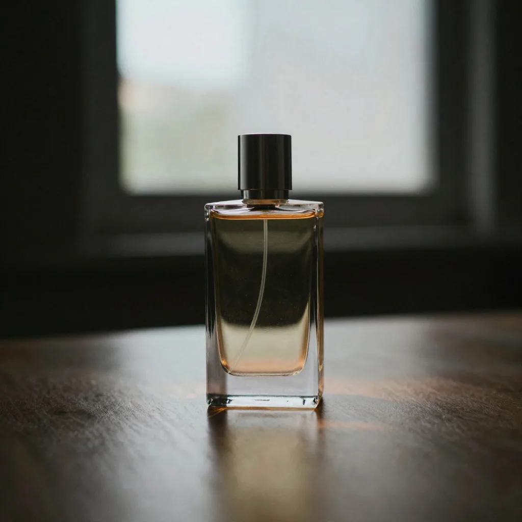 A dramatic product hero shot of a sleek perfume bottle on a reflective surface under a single warm spotlight, deep shado