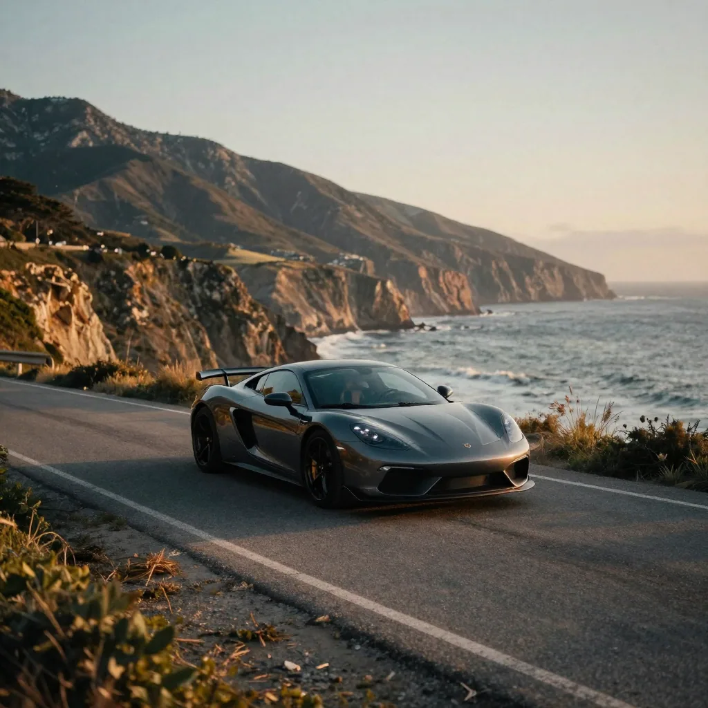 A cinematic wide establishing shot of a sports car parked on a coastal cliff road at golden hour, mountains and ocean be