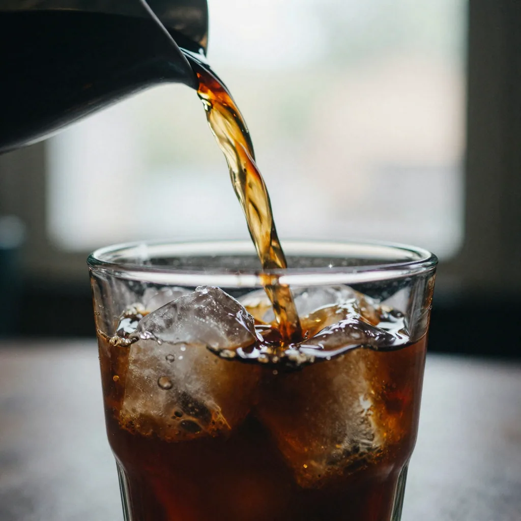 Close macro payoff frame of coffee being poured into a glass over ice, swirling ribbons caught mid-splash, warm backligh
