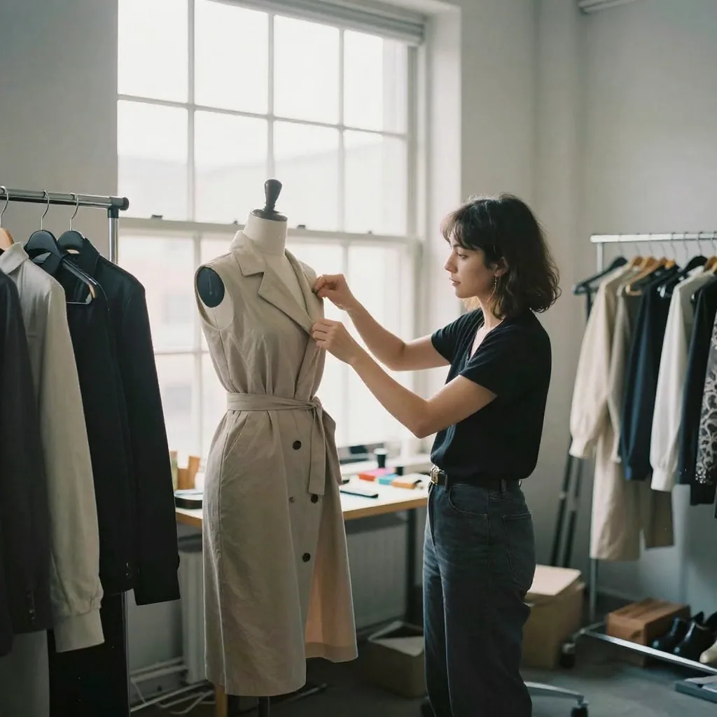 A stylist arranging a fashion outfit on a mannequin in a bright loft studio, natural window light, garment rack of cloth