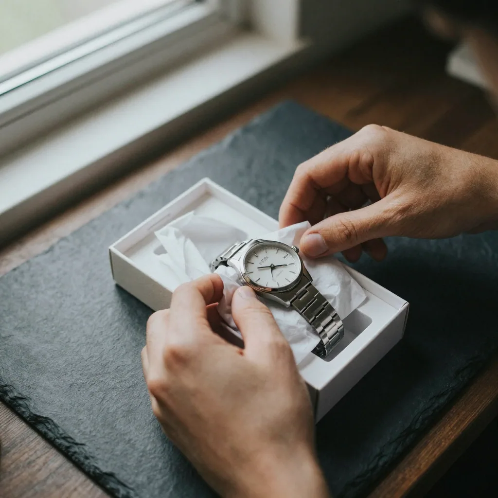 An overhead detail shot of hands unboxing a wristwatch from tissue paper on a dark slate surface, soft directional key l