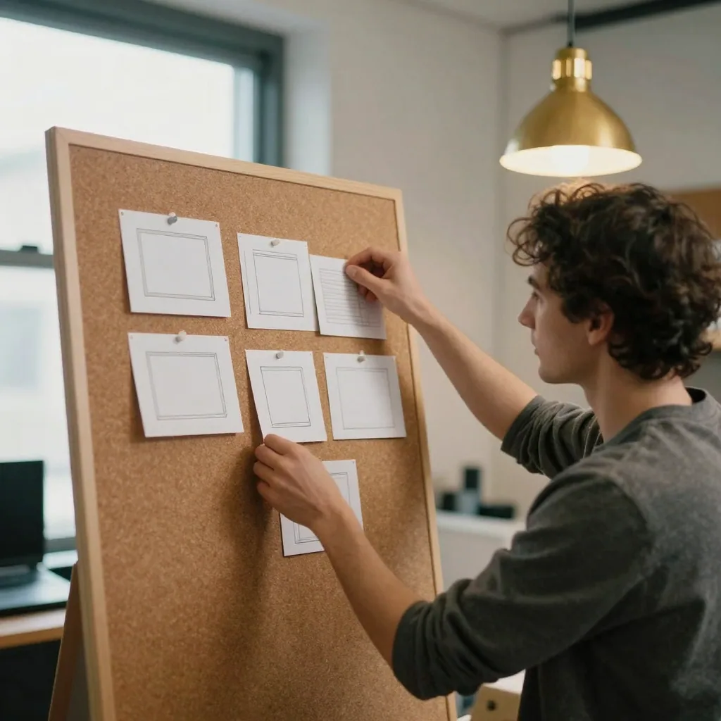A creative professional in a warm production studio arranging small physical storyboard cards on a corkboard, each card 