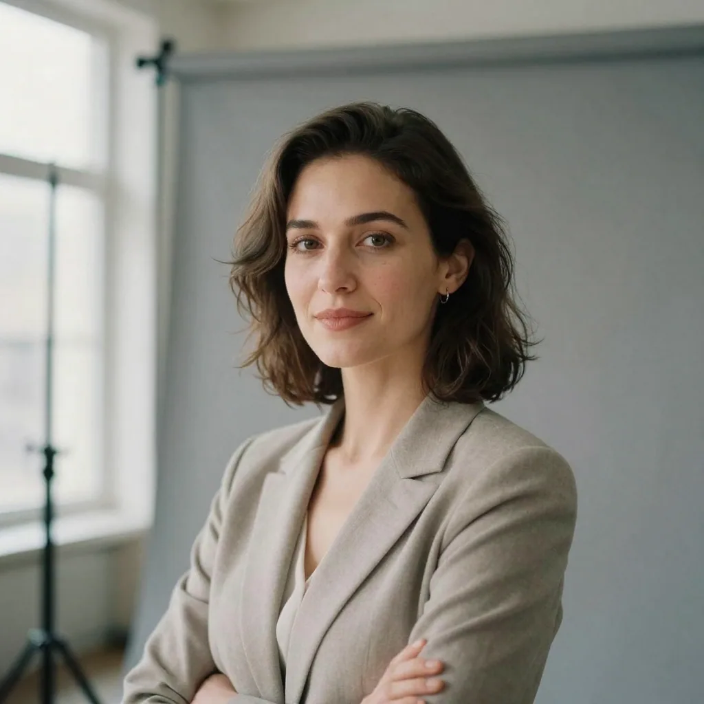 A confident businesswoman posing for a professional headshot against a soft grey backdrop, flattering studio key light a