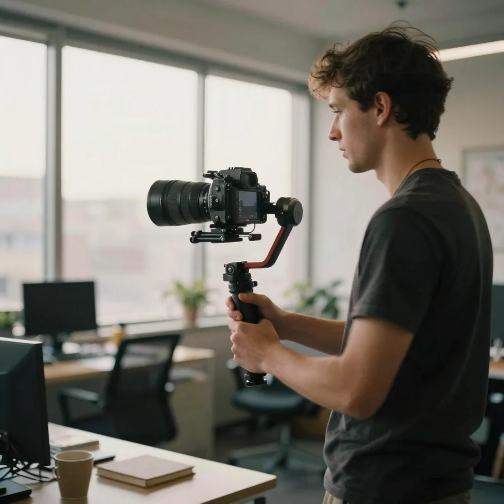 A cinematographer framing a shot with a handheld gimbal rig in a modern office, motion blur suggesting a smooth camera m