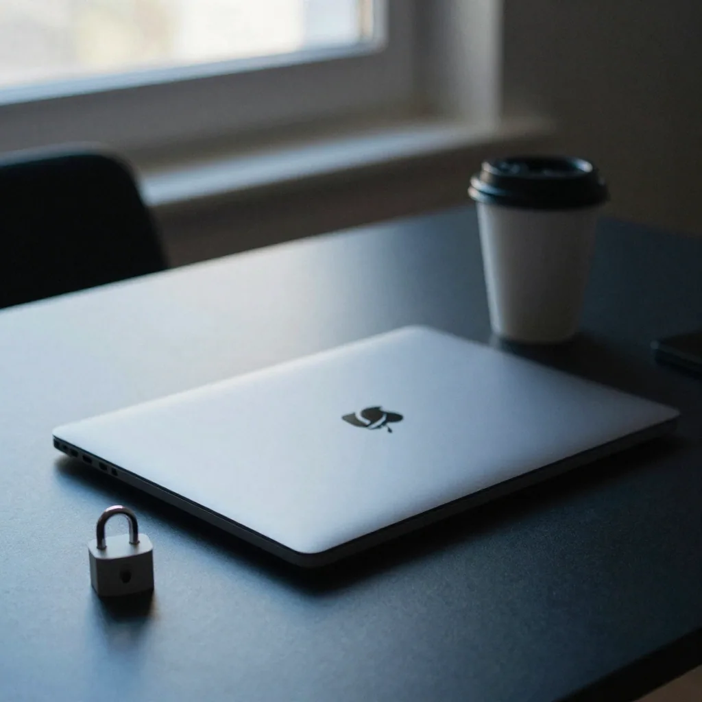 A minimalist dark desk with a closed laptop lid, a coffee cup, and a small padlock-shaped paperweight, moody blue ambien