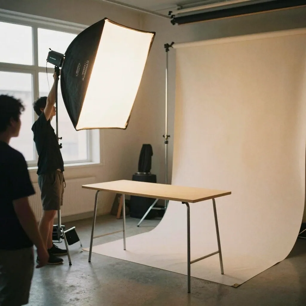 A film crew adjusting a softbox light over a product staging table with a folded fabric backdrop, warm studio glow, empt