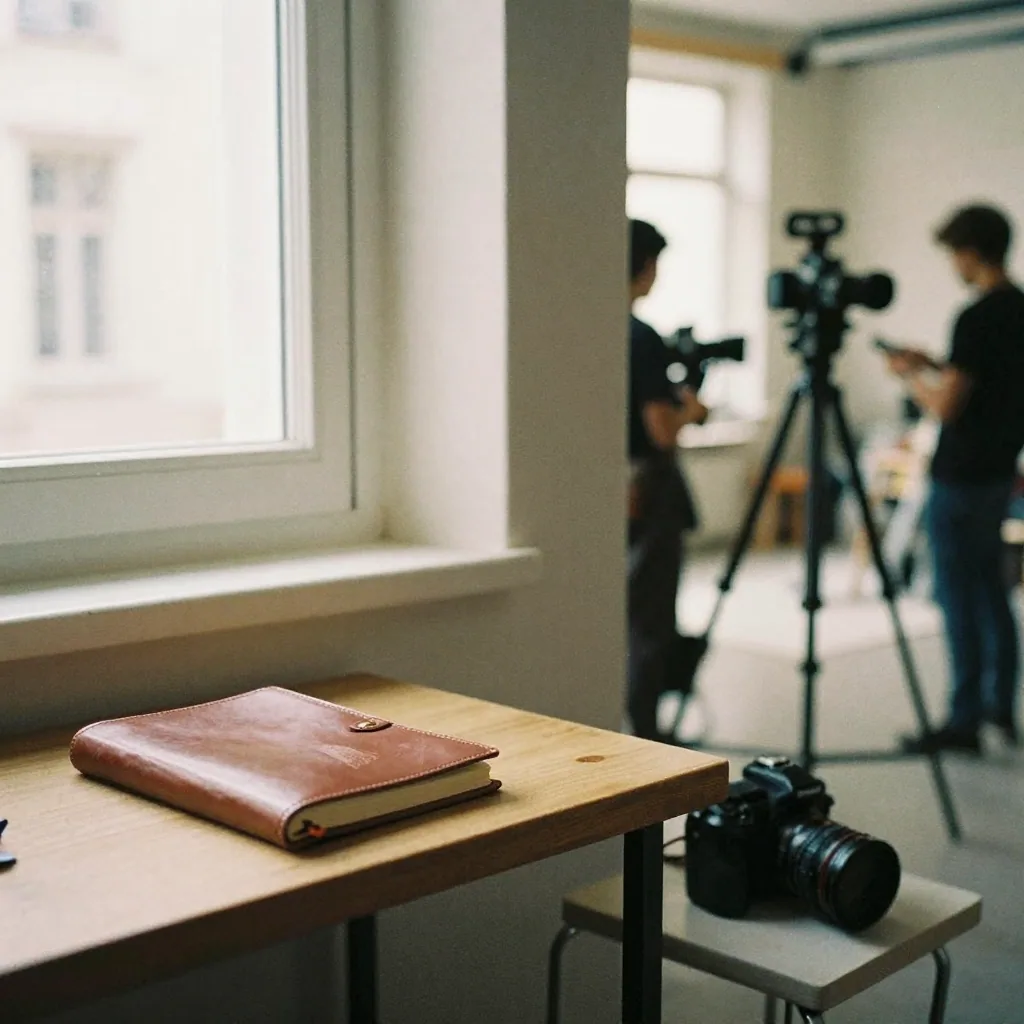 Split natural scene: a quiet reading nook with a closed leather notebook on one side and a bustling bright studio corner