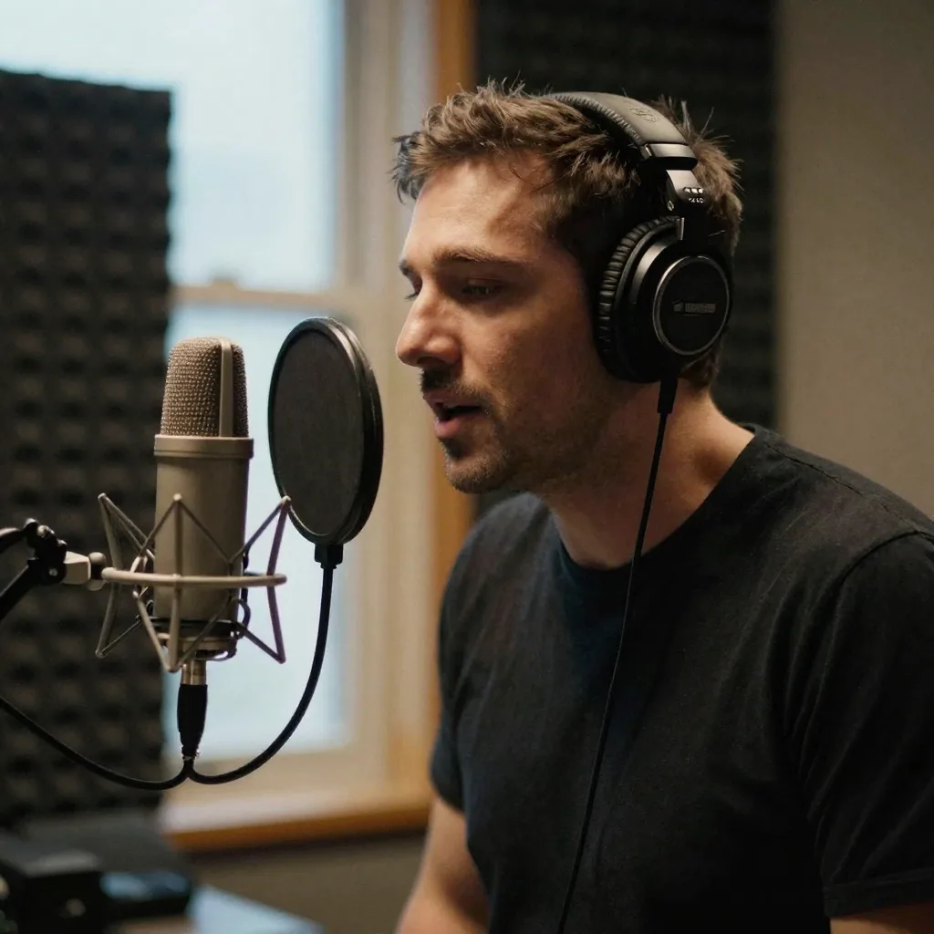 A voice actor leans into a padded studio microphone in a dim booth, headphones on, mid-sentence, soft warm spotlight, acoustic foam behind