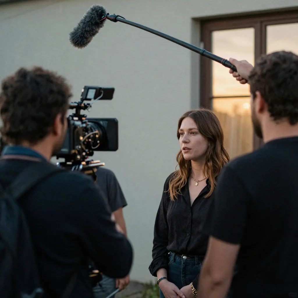 A film crew records an actress speaking on an outdoor set at golden hour, a boom operator holds a fuzzy microphone just overhead, candid mom