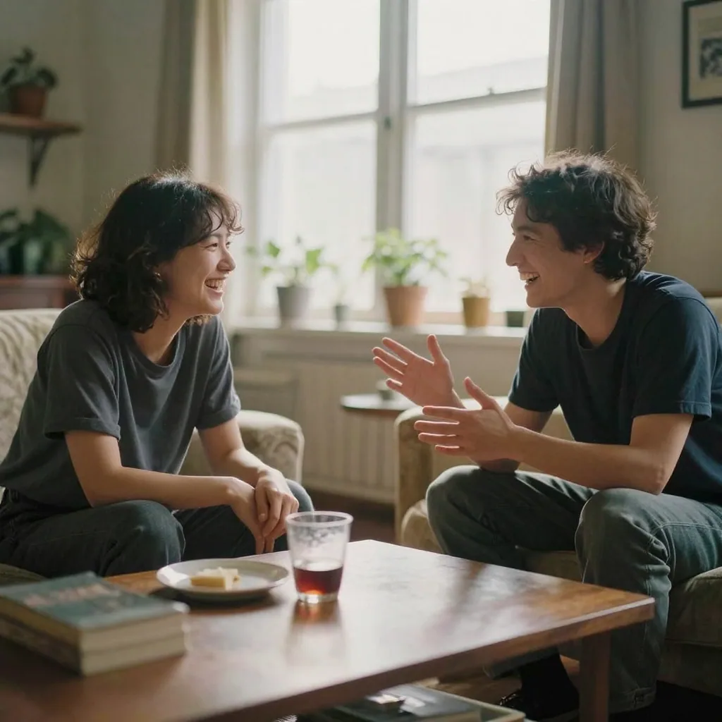 Two people in a sunlit living room laugh in conversation across a coffee table, expressive gestures, warm afternoon light, natural candid in