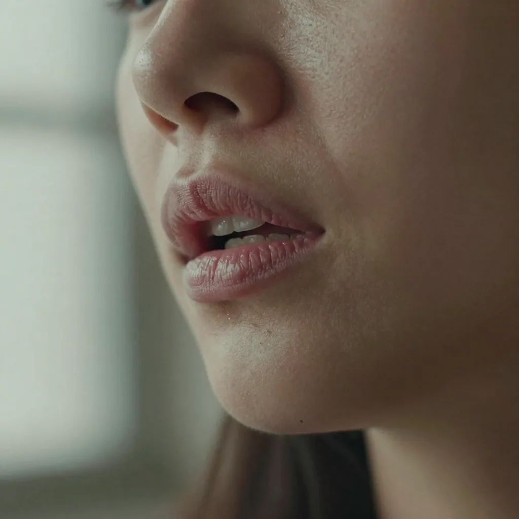 Close-up of a woman's mouth and jaw mid-speech in soft side lighting, lips forming a word clearly, shallow focus, honest human detail