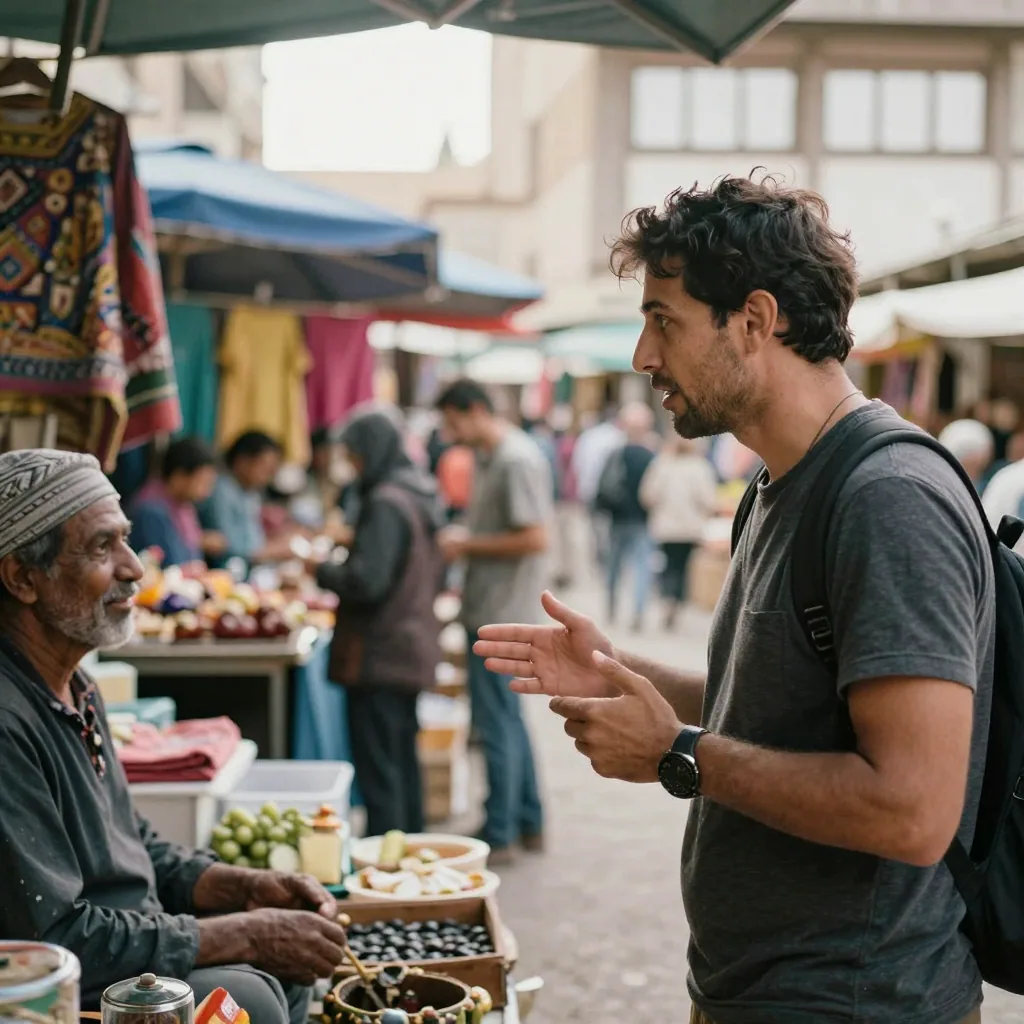 A traveler chats animatedly with a market vendor at an outdoor bazaar, colorful stalls blurred behind, bright daylight, lively cross-cultura