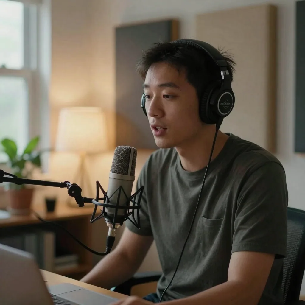 A podcaster in headphones speaks into a large desk microphone in a cozy home studio, warm lamp glow, plants and soft panels in the backgroun