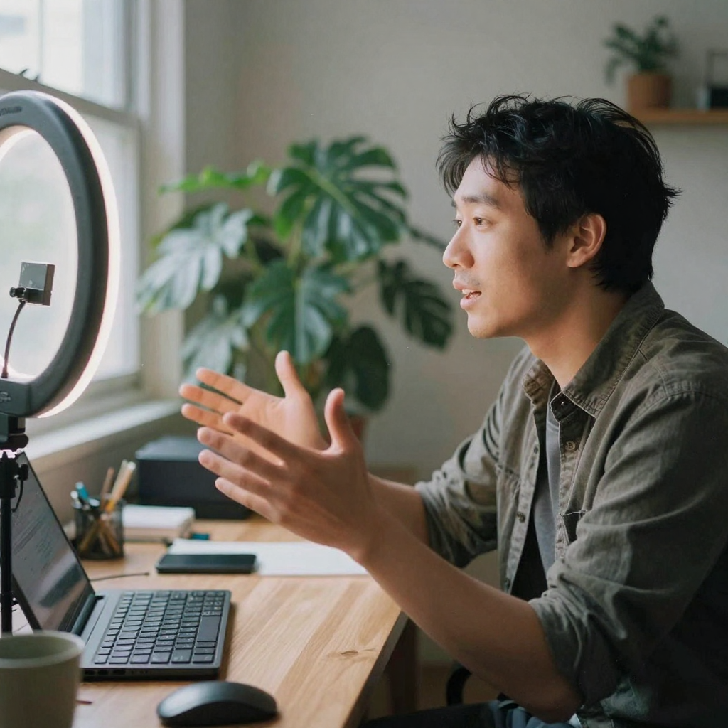 A creator gesturing mid-sentence at a home-office desk, warm ring light on their face, a leafy plant softly blurred behind, candid and anima