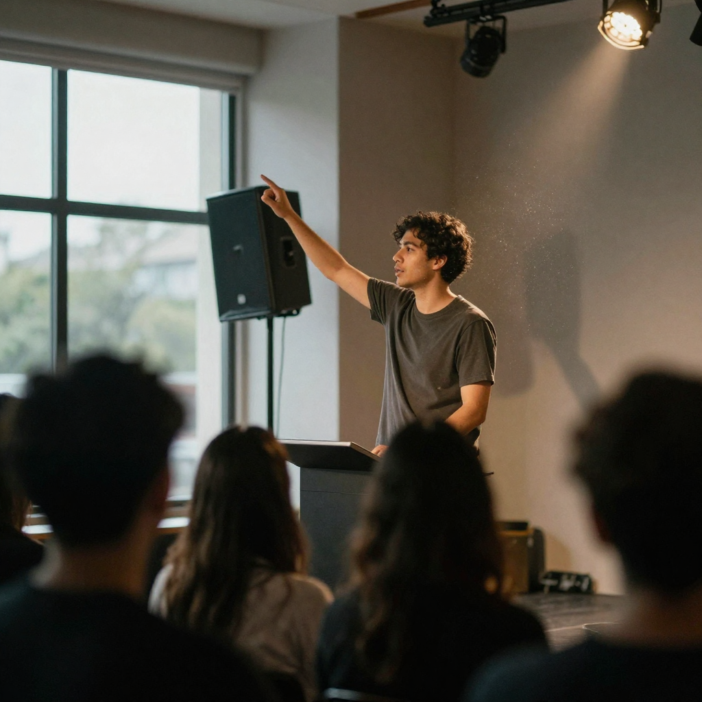 A speaker on a small stage caught mid-gesture under a spotlight, arm raised, warm stage wash and a dark blurred audience in the foreground