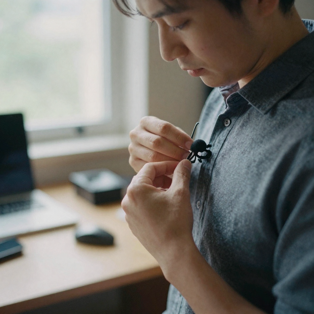 A person clipping a tiny lapel microphone to their collar in a tidy home studio, morning window light, focused on the small hands adjusting