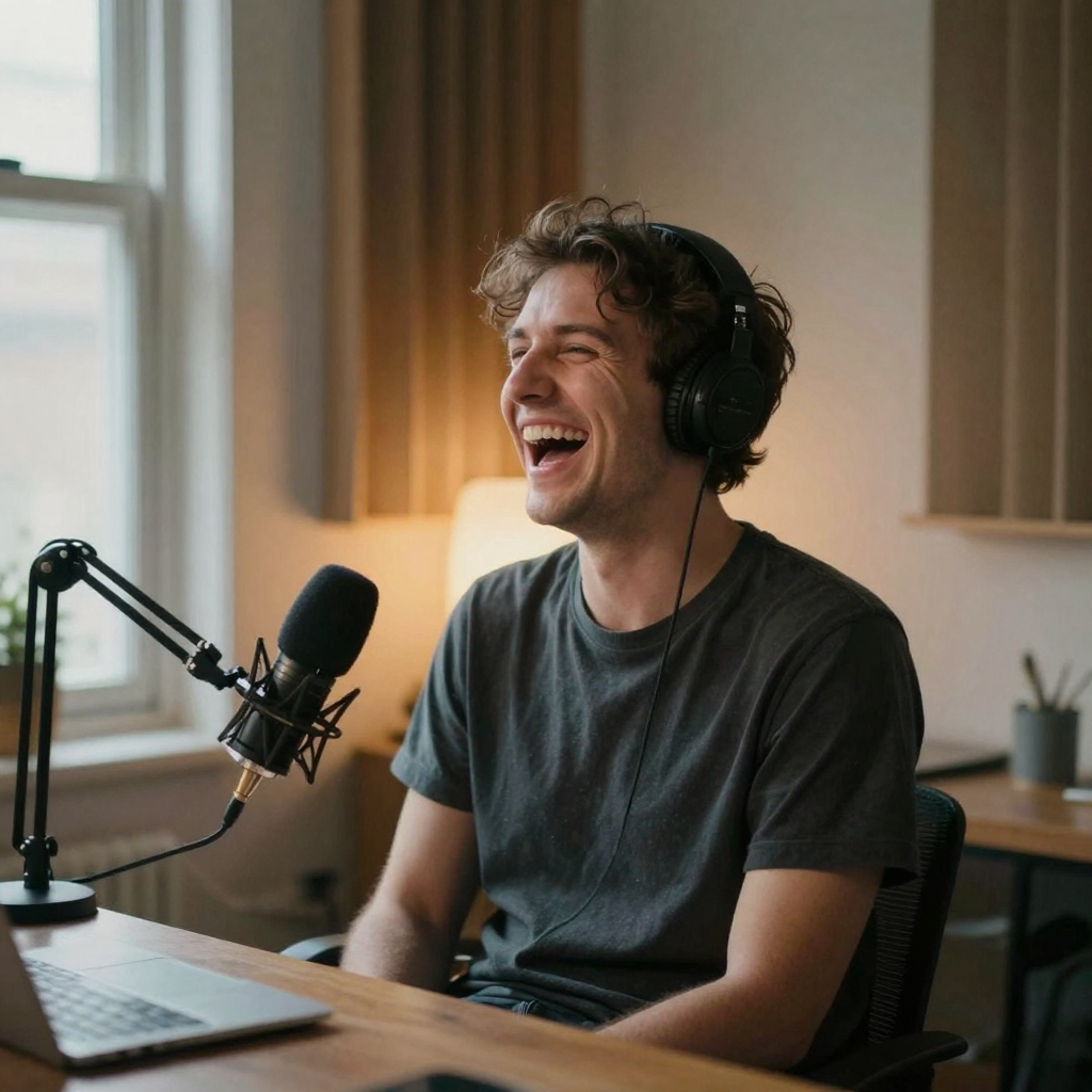 A close vertical crop of an enthusiastic host mid-laugh in a cozy podcast nook, soft key light, acoustic panel and warm lamp behind