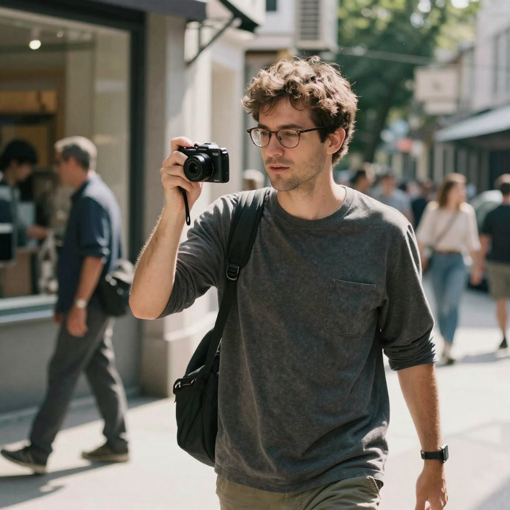 A vlogger holding a compact camera at arm's length while walking a sunlit city street, motion in the background, bright candid daylight on t