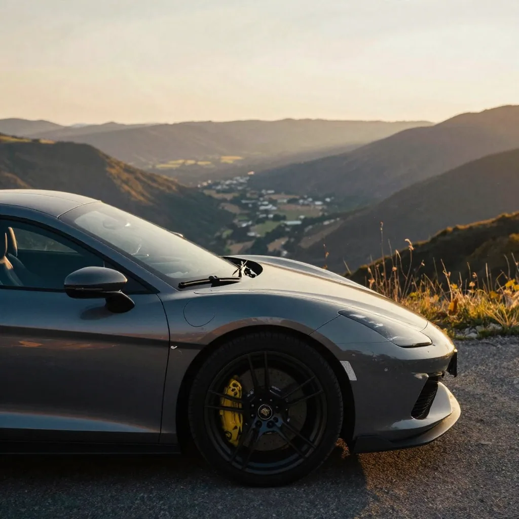 A glossy sports car parked on a mountain overlook at golden hour, warm sunlight raking across its curved bodywork, sweeping valley behind, c