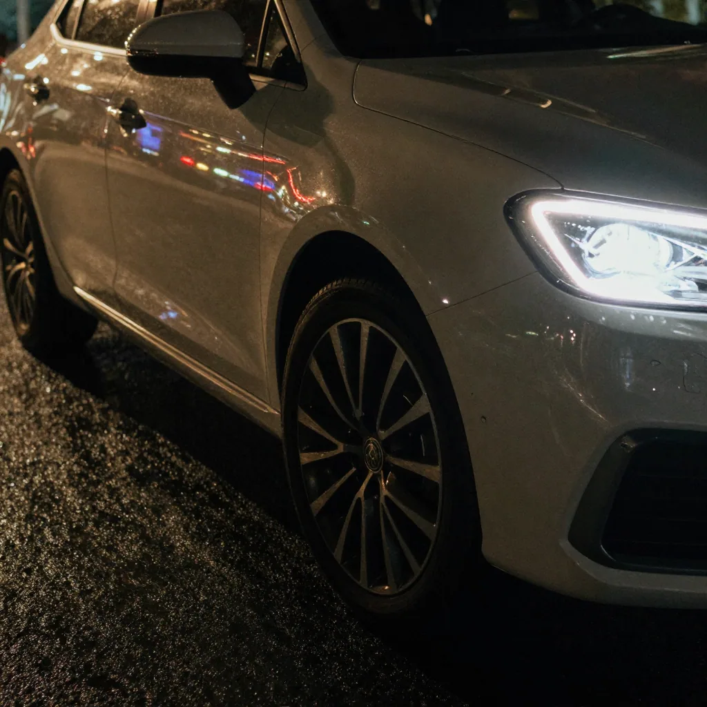 Low-angle shot of a car's front wheel and headlight on wet asphalt at night, neon reflections streaking across the polished paint, dramatic 