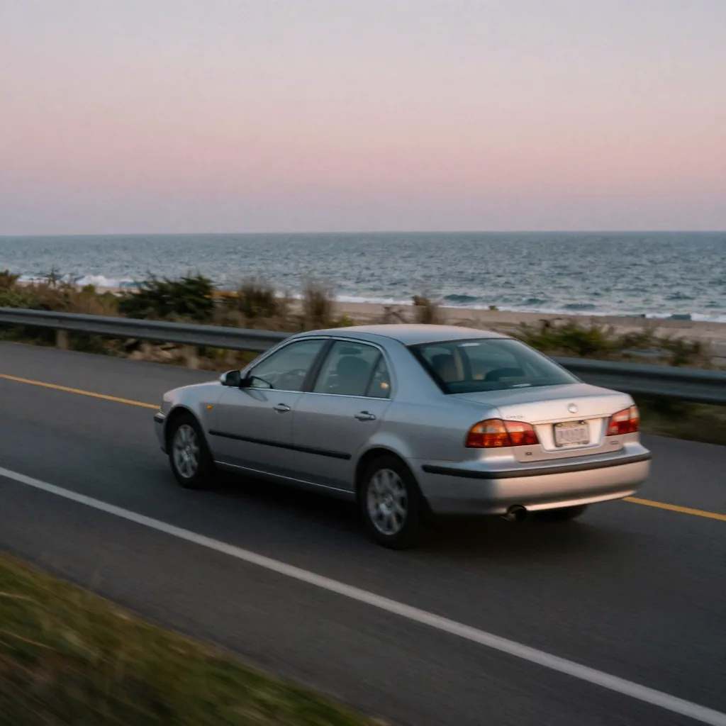 A sedan driving along an empty coastal highway at dusk, motion blur on the road, ocean and pink sky behind, dynamic tracking feel