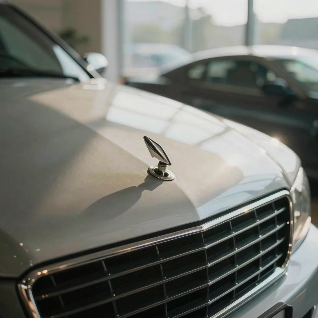 Close-up of sunlight glinting off a car's chrome grille and hood ornament in a clean showroom, deep reflections, shallow focus