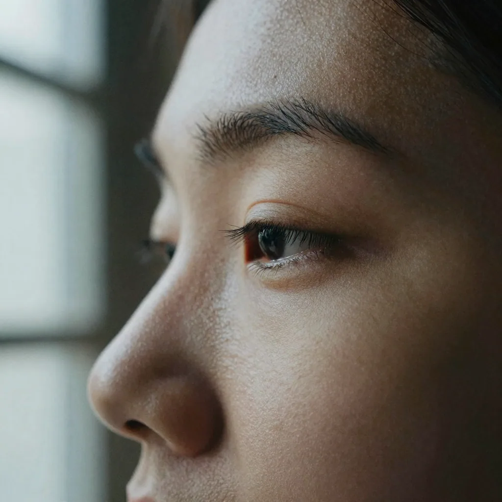 Extreme close-up of a person's face lit by a single soft key light, skin showing crisp pores and eyelash detail, ultra-sharp against a dark background