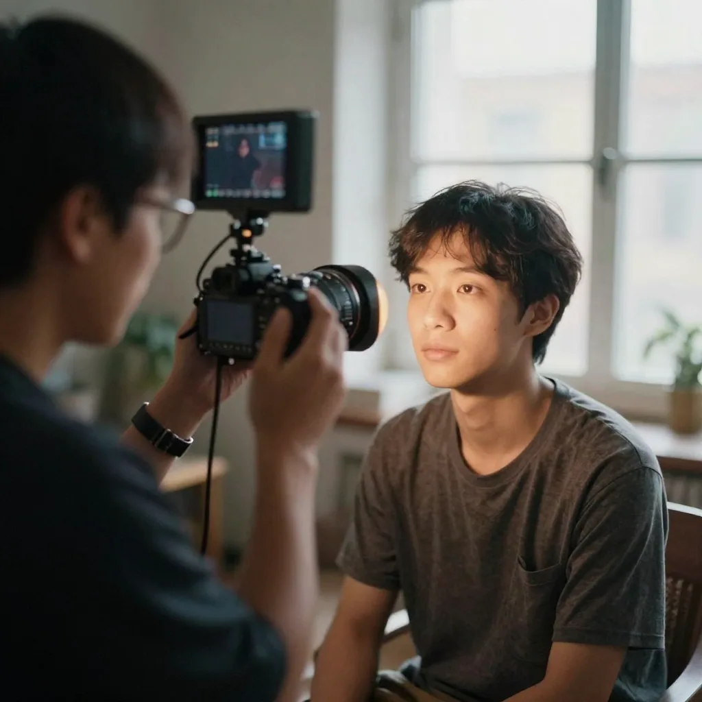 A videographer holding a small camera monitor hood up to a subject seated under studio lights, checking focus on the person's face, warm tungsten light