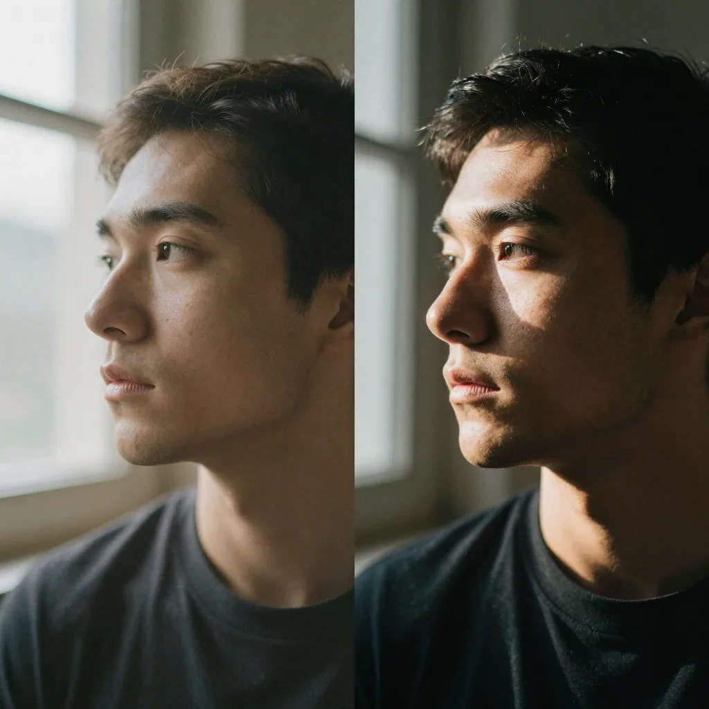 Split framing of the same man's portrait, the left half soft and hazy, the right half crisp and detailed, dramatic side light across his cheek