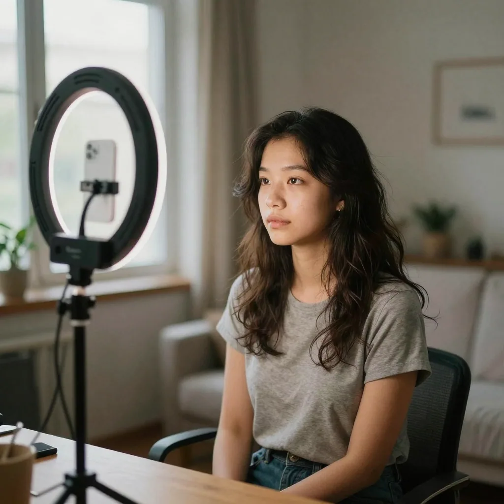 A vlogger seated in a cozy room facing a ring light, every hair and skin detail rendered sharply, warm evening ambiance behind her