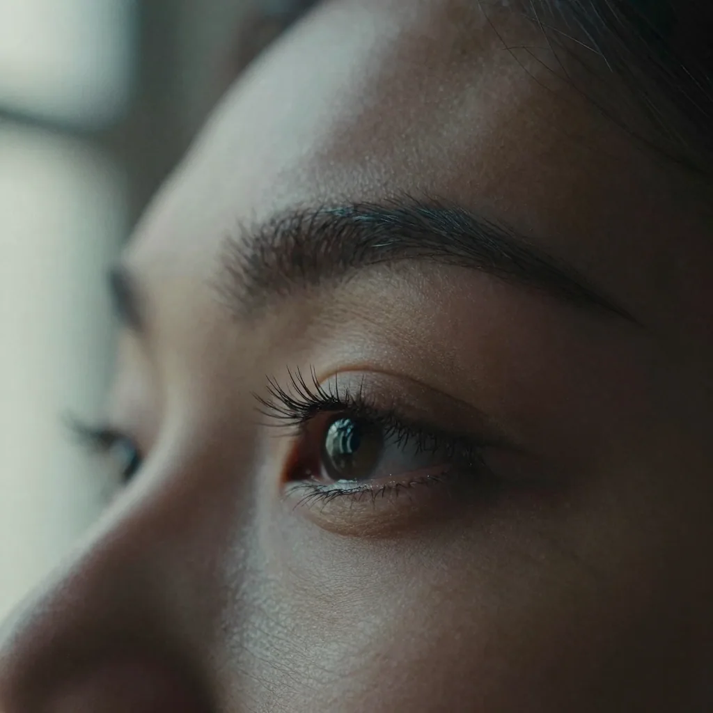 Macro of an eye and brow in motion blur resolving into sharp focus, individual lashes and a bright catchlight, moody low-key lighting