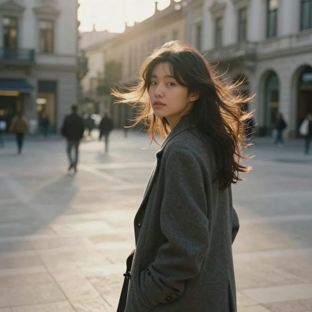 A young woman standing in a sunlit urban plaza turning to look over her shoulder, hair catching the wind, warm golden-hour backlight, mid-mo
