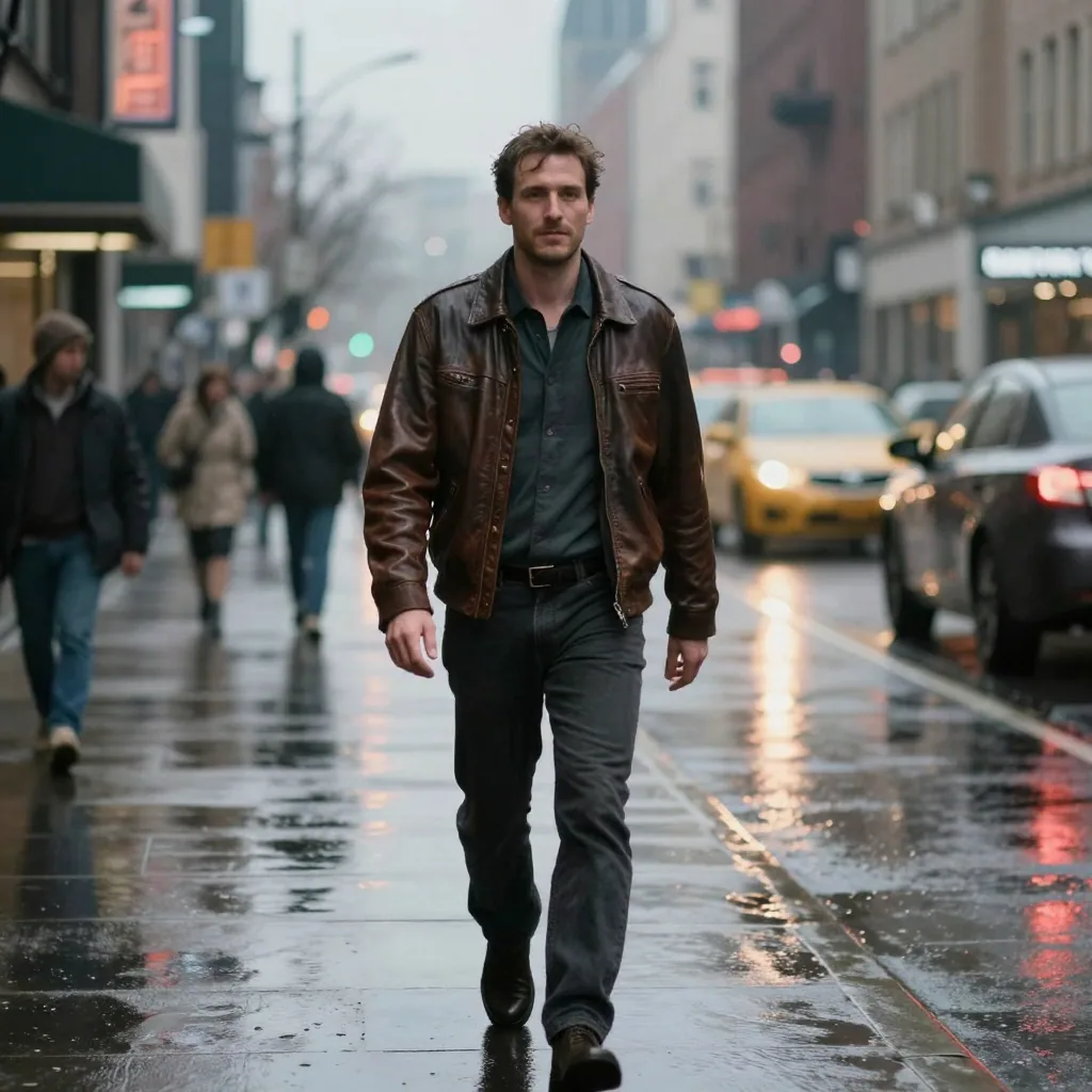 A confident man in a leather jacket walking toward the camera on a rain-slick city street at dusk, neon reflections around him, cinematic mo