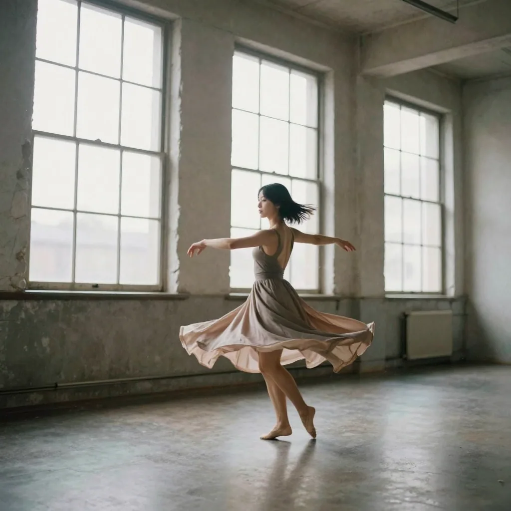 A dancer mid-spin in a bright loft studio, dress flaring, soft daylight from tall windows, energetic frozen movement