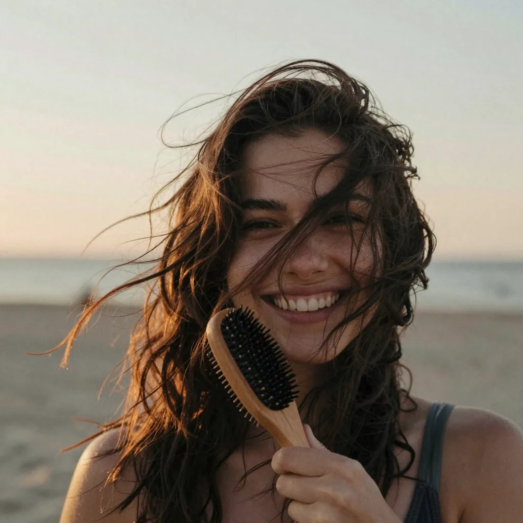 Close-up of a smiling woman brushing hair from her face on a beach at sunset, wind and warm rim light, lively candid expression