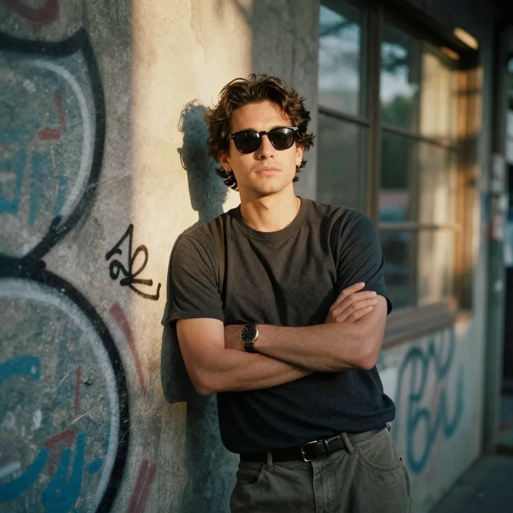 A stylish man leaning against a graffiti wall, arms crossed, sunglasses on, golden late-afternoon light raking across the scene, editorial m